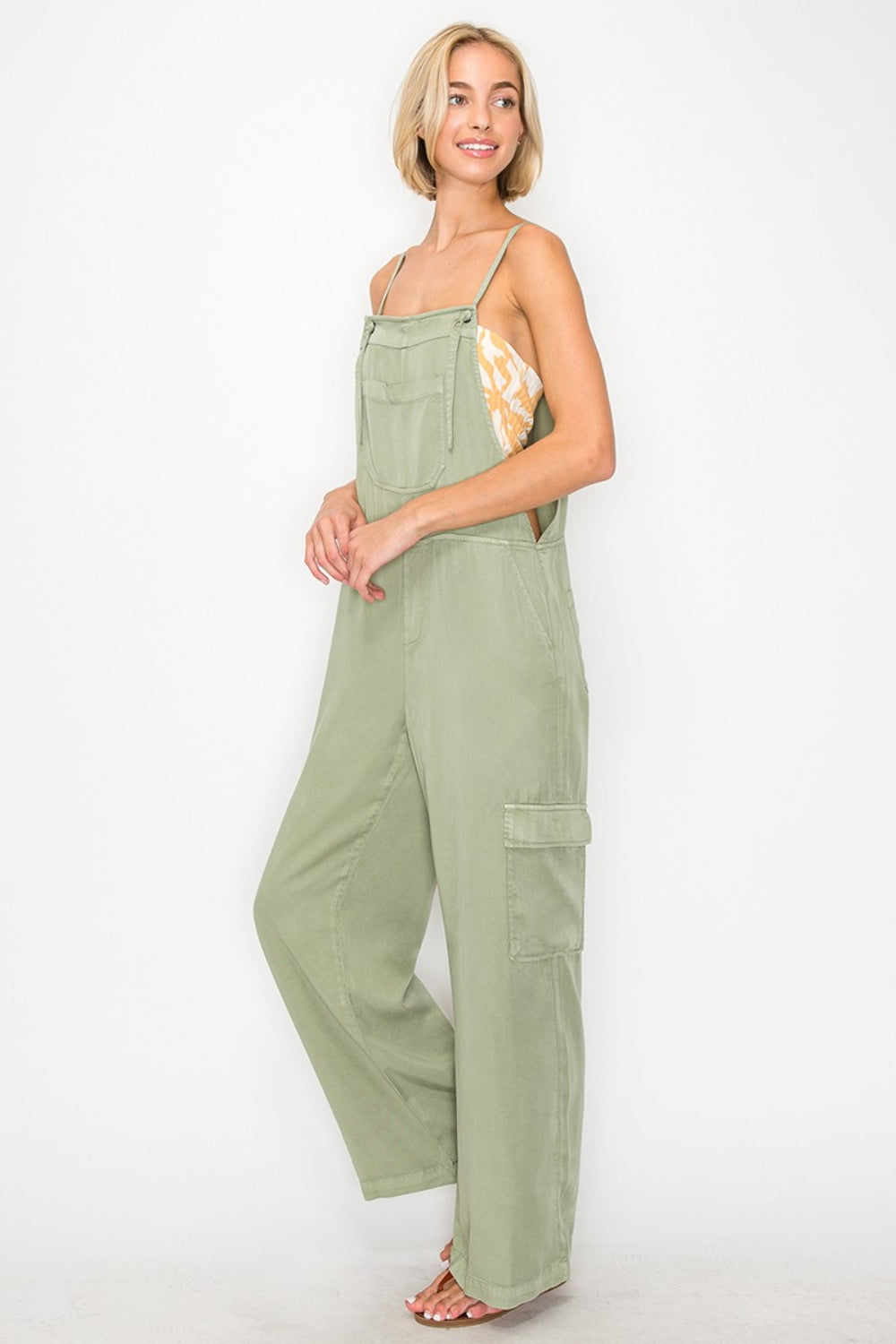 Relaxed Soft Denim Wide Leg Overalls in Sage Green
