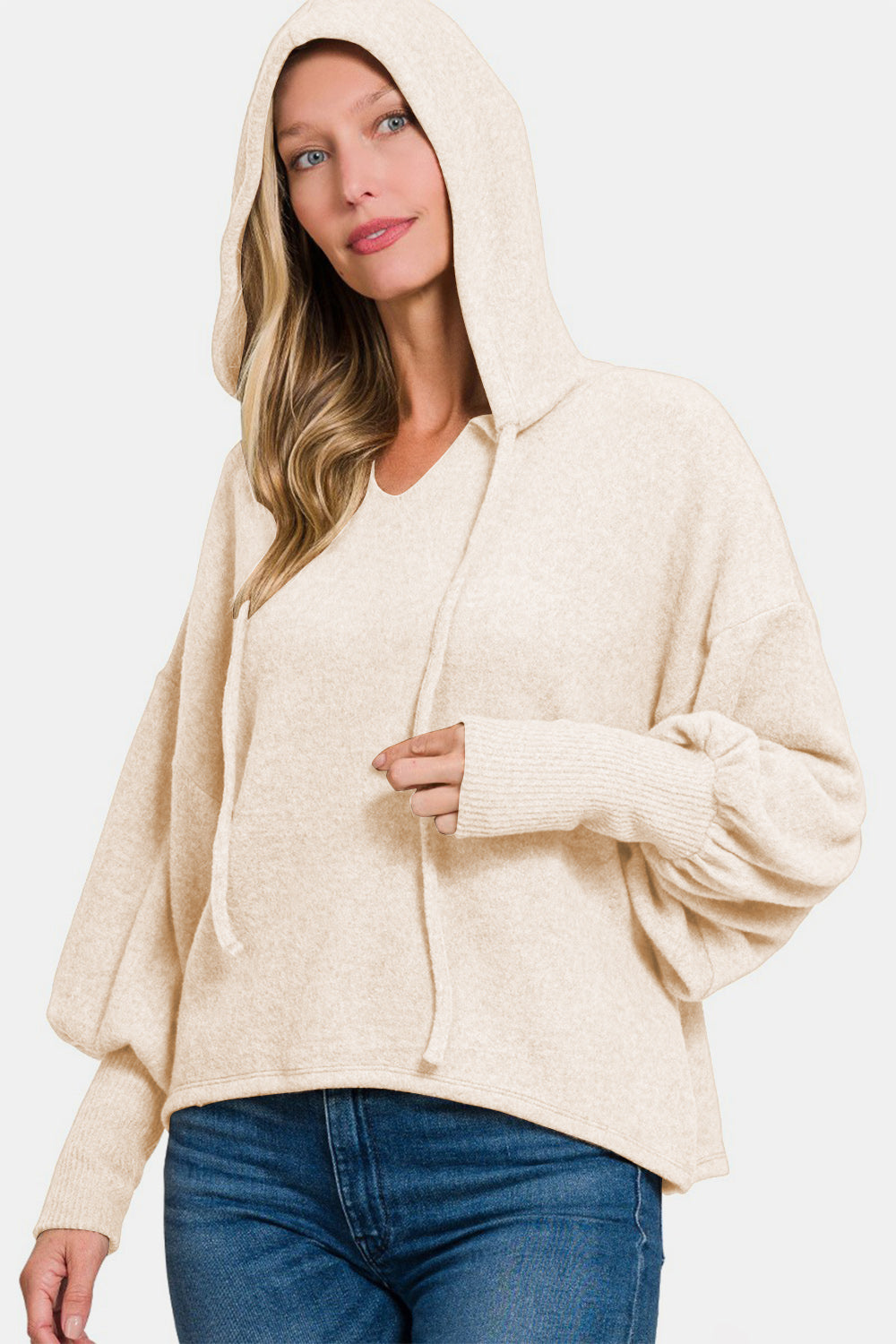 Brushed Hacci Drop Shoulder Cropped Hoodie - Sand Beige