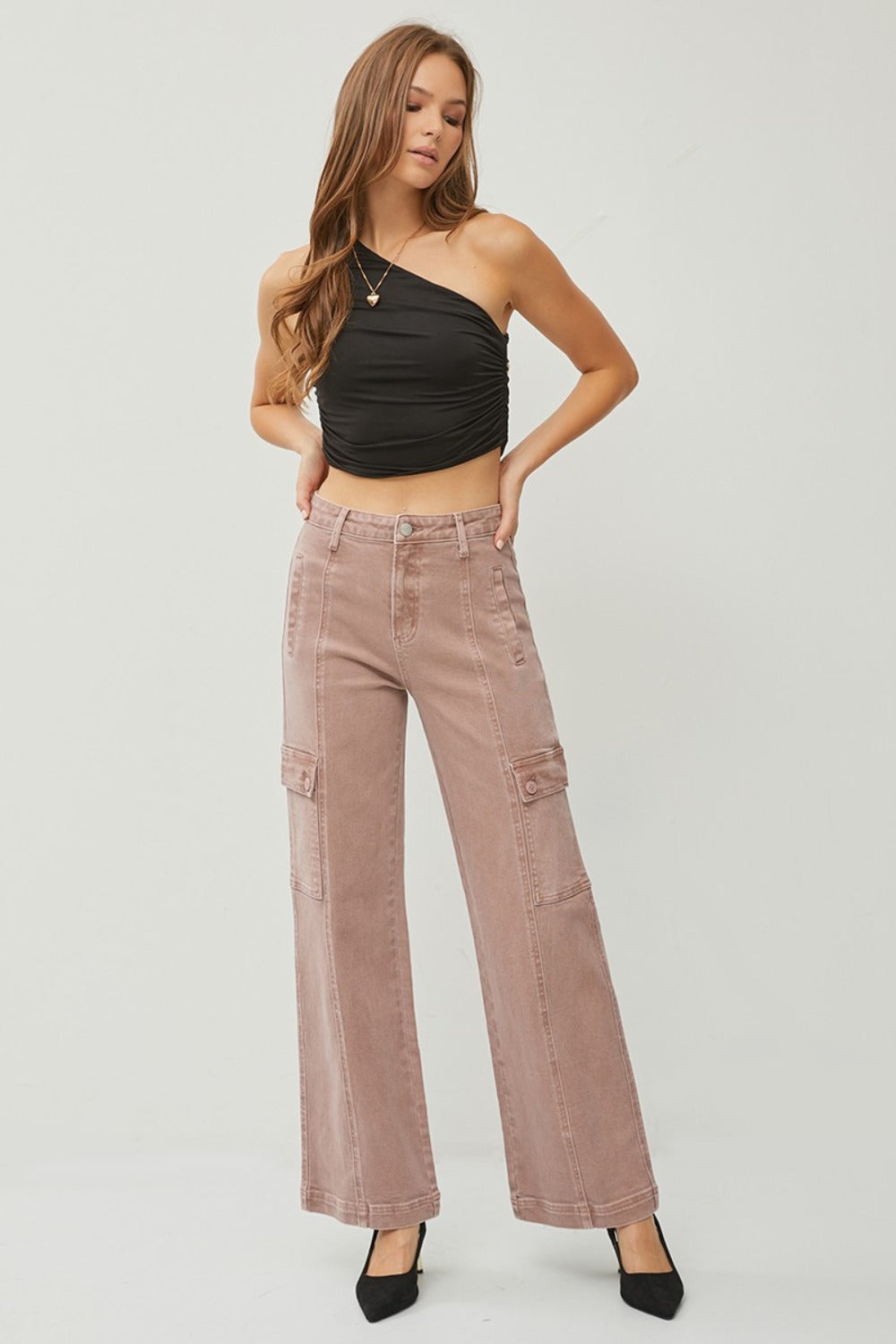 Mauve High Rise Wide Leg Cargo Jeans by RISEN