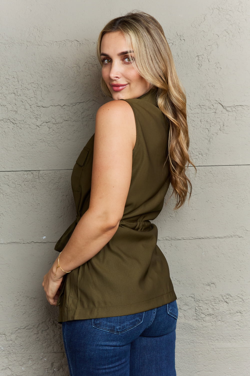 Army Green Sleeveless Collared Button Down Top