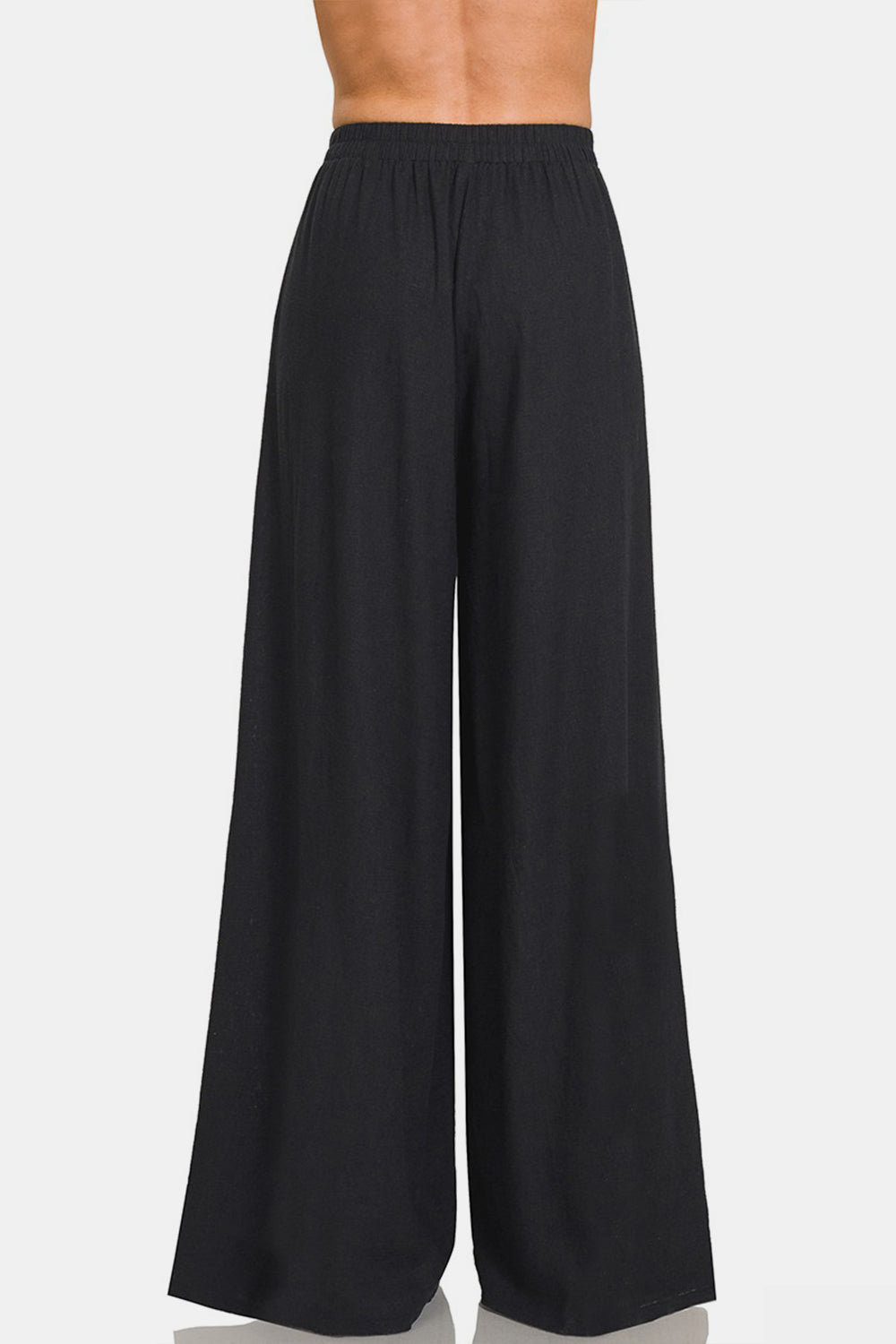 Pleated Linen Blend Wide Leg Pants - Black