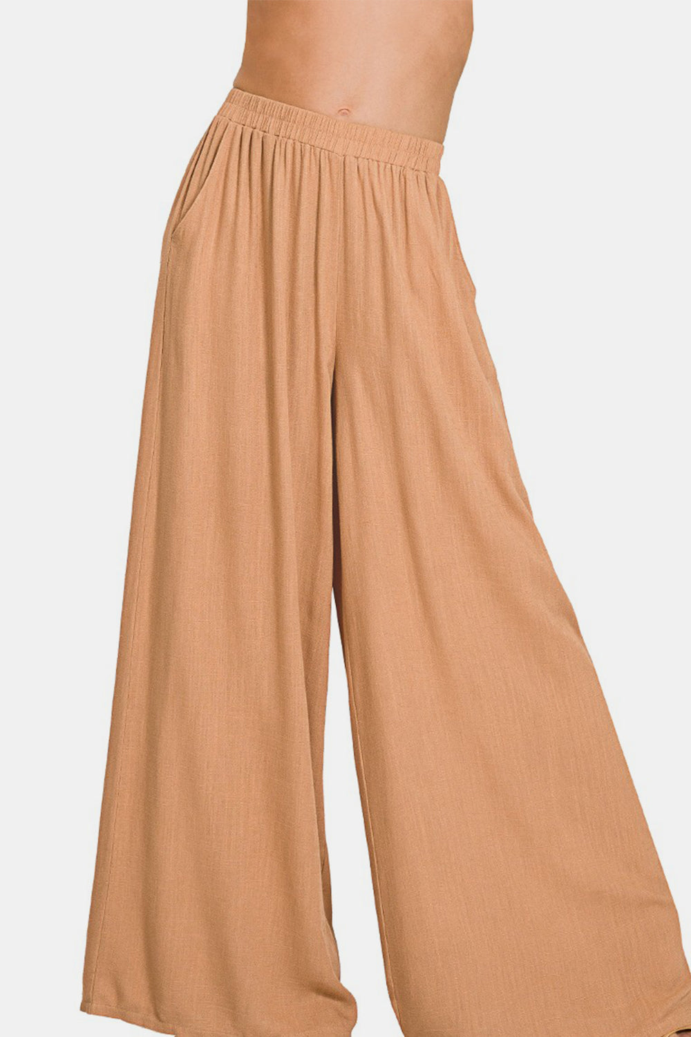 Pleated Linen Blend Wide Leg Pants - Camel