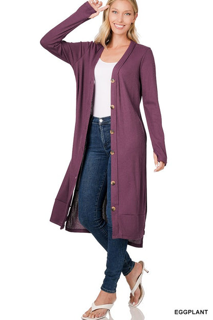 Ribbed Long Cardigan with Thumbholes