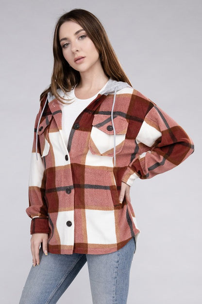 Plaid Loose Hooded Fleece Shacket