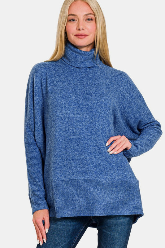 Brushed Melange Hacci Turtleneck Sweater in Blue