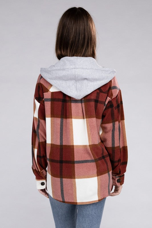 Plaid Loose Hooded Fleece Shacket