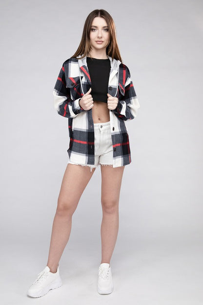 Plaid Loose Hooded Fleece Shacket