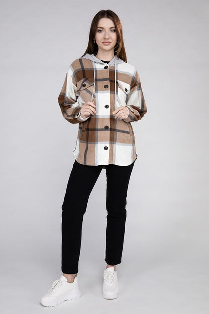 Plaid Loose Hooded Fleece Shacket