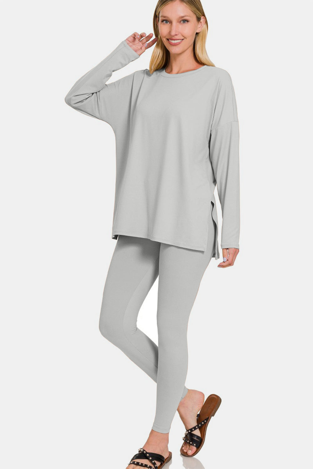 Brushed Microfiber Top and Leggings Lounge Set in Lt Grey