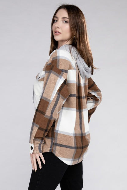 Plaid Loose Hooded Fleece Shacket