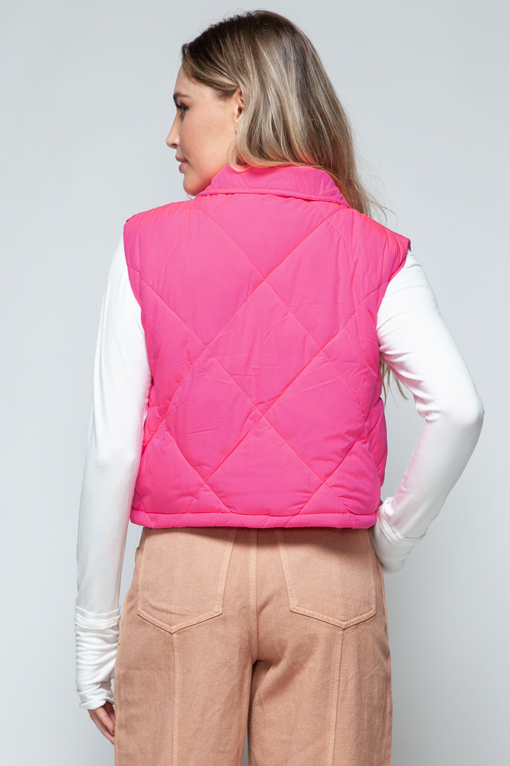 Snap Down Quilted Crop Vest in Hot Pink