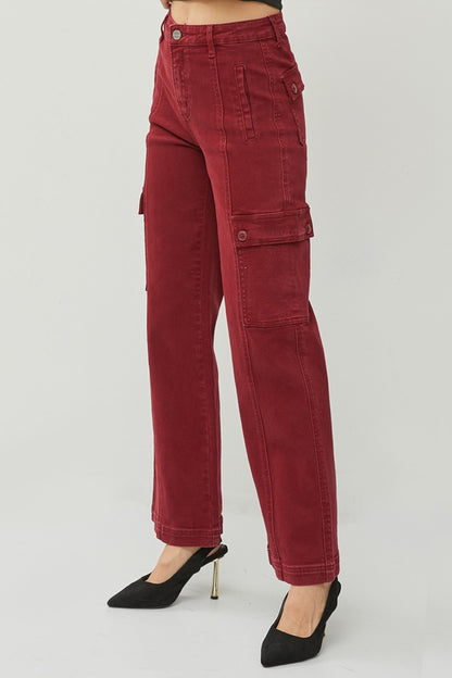 Wine High Rise Wide Leg Cargo Jeans by RISEN