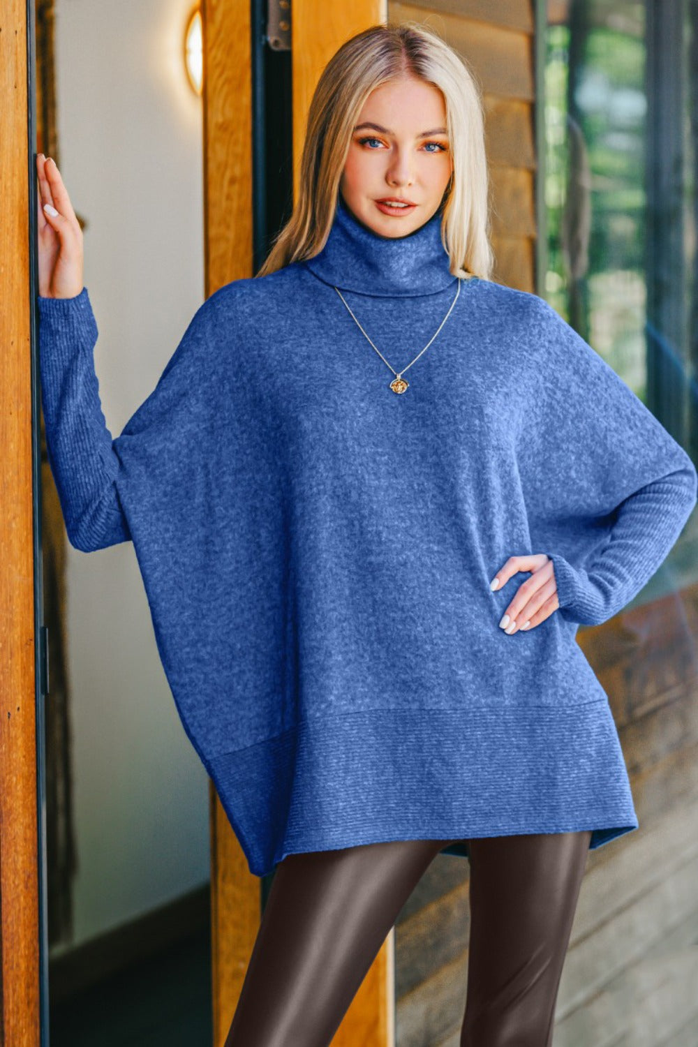 Brushed Melange Hacci Turtleneck Sweater in Blue