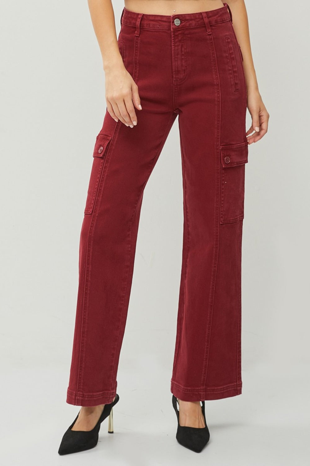 Wine High Rise Wide Leg Cargo Jeans by RISEN