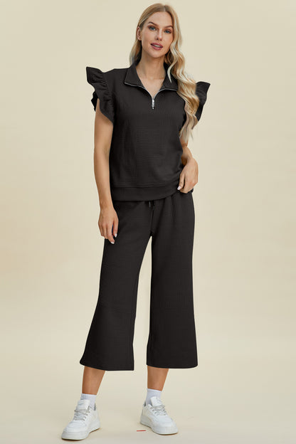 Texture Ruffle Short Sleeve Top and Wide Leg Pants Set