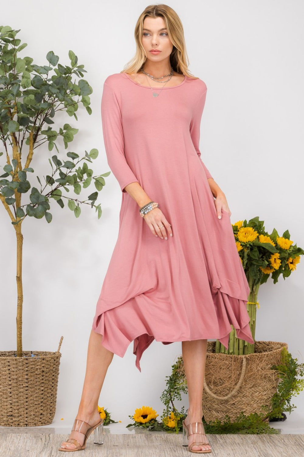 Pick-up Hem Asymmetric Midi Dress