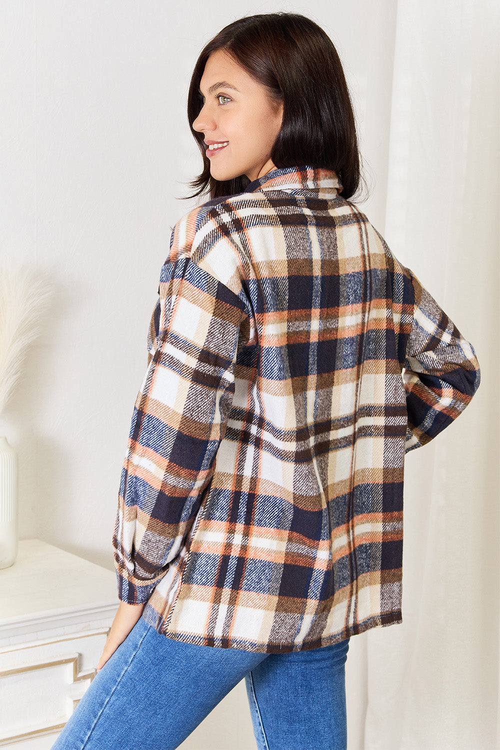 Plaid Button Front Shirt Jacket with Breast Pockets