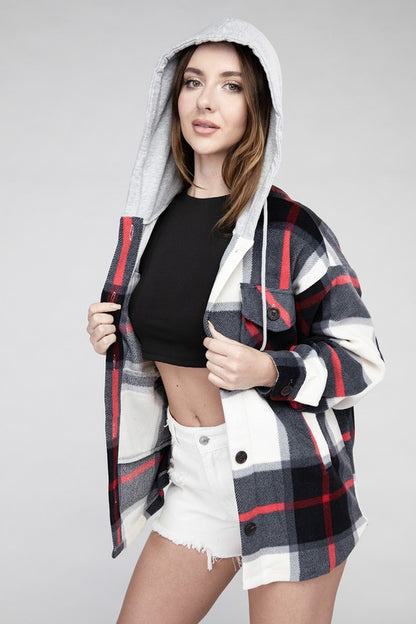 Plaid Loose Hooded Fleece Shacket