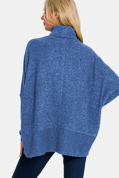 Brushed Melange Hacci Turtleneck Sweater in Blue