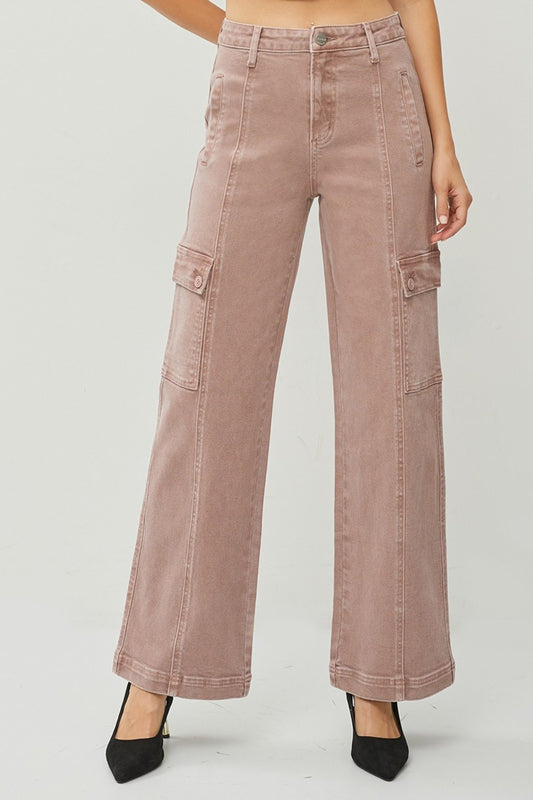 Mauve High Rise Wide Leg Cargo Jeans by RISEN