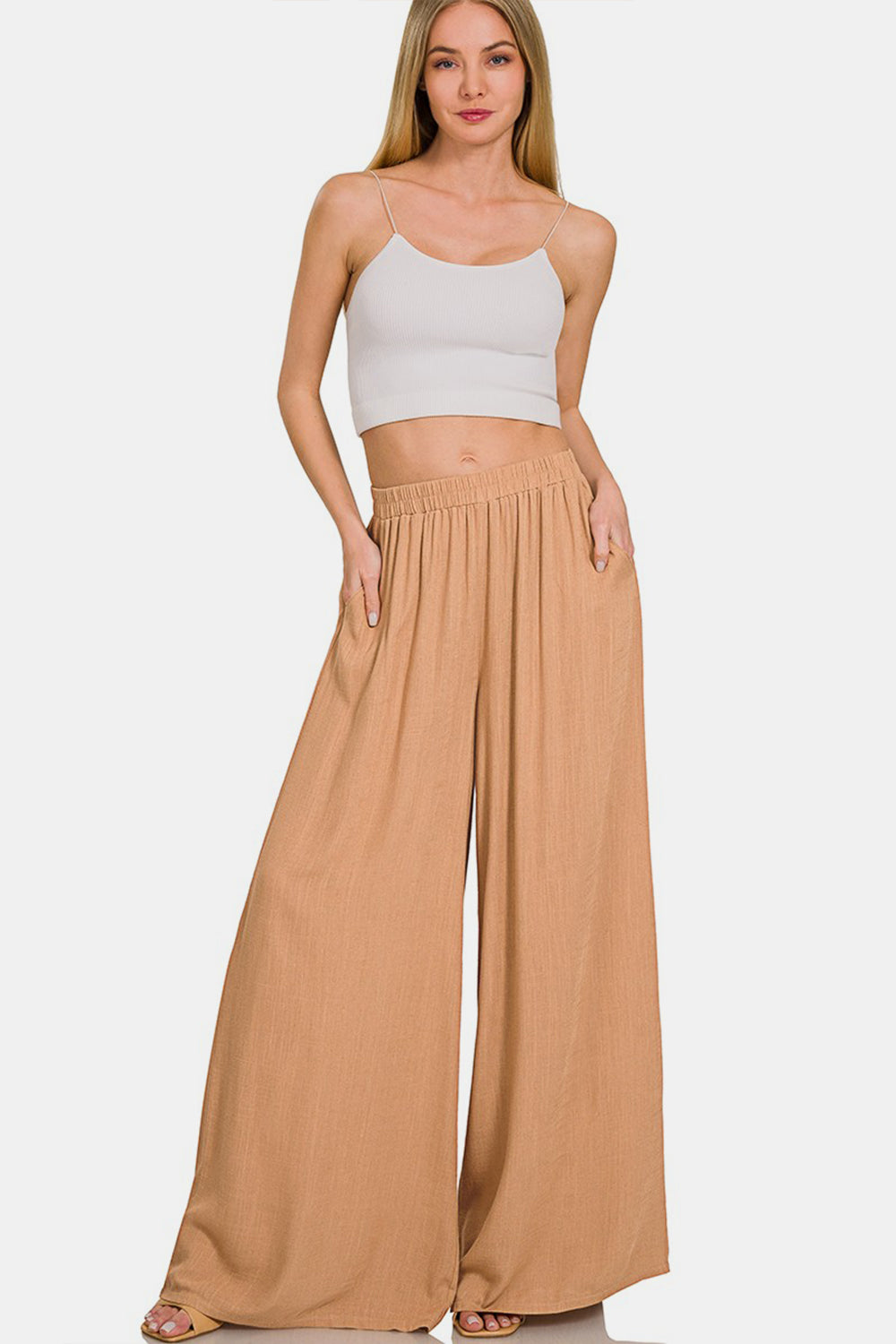 Pleated Linen Blend Wide Leg Pants - Camel