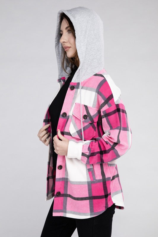 Plaid Loose Hooded Fleece Shacket