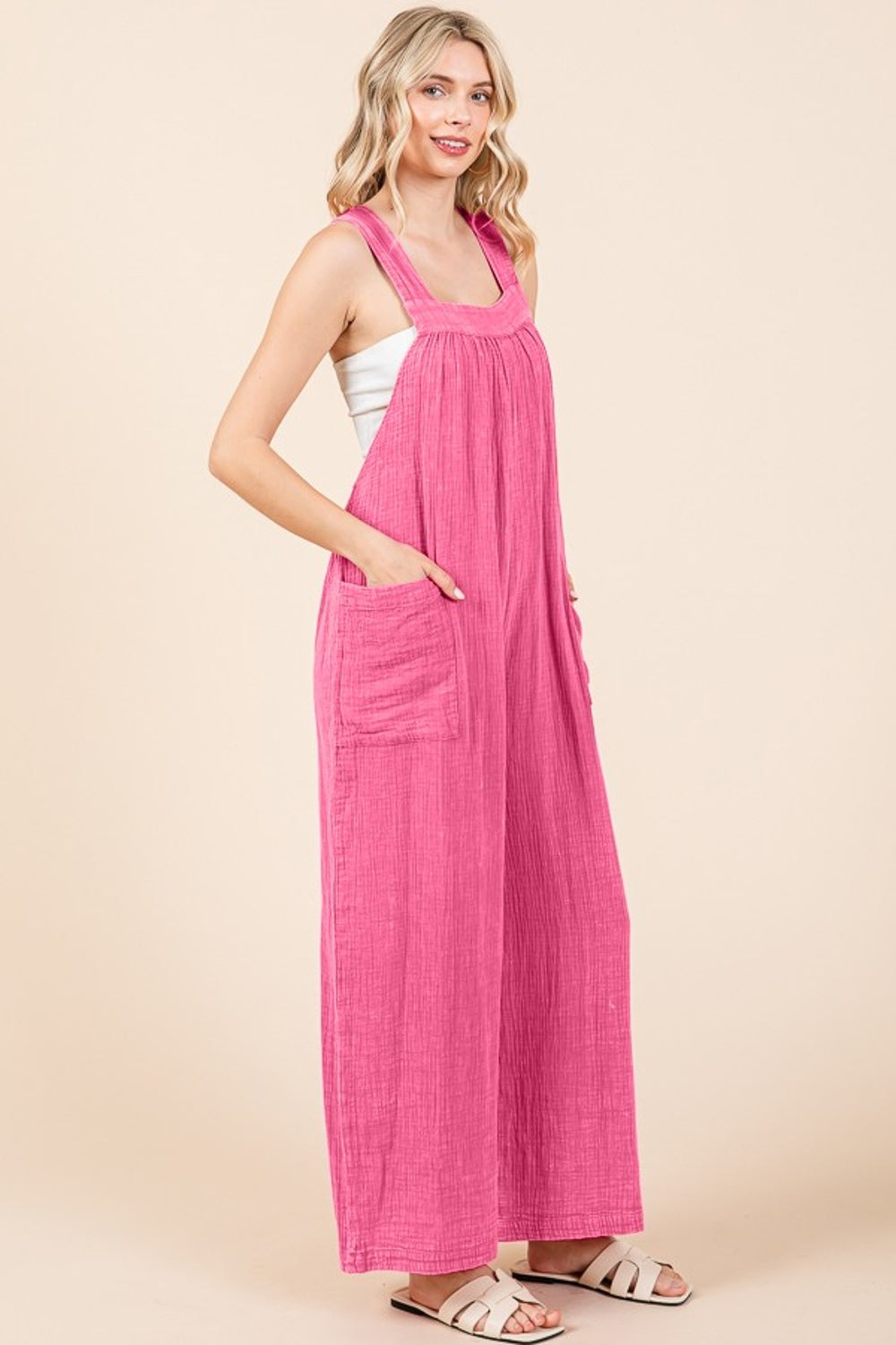 Pink Pocketed Sleeveless Wide Leg Overalls