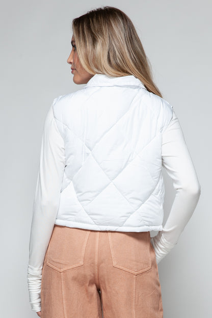 Snap Down Quilted Crop Vest in White