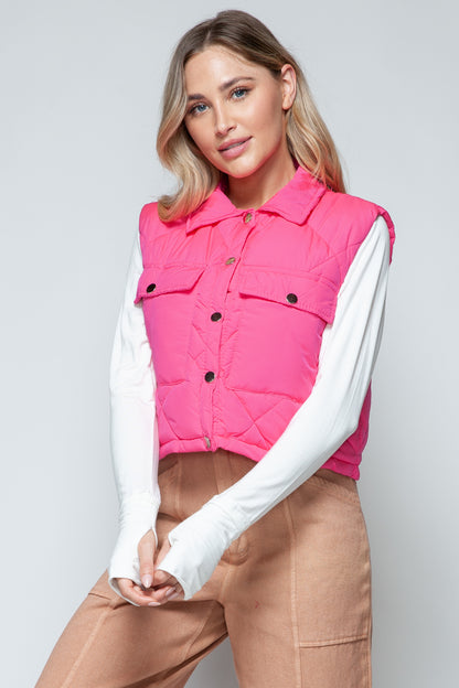 Snap Down Quilted Crop Vest in Hot Pink