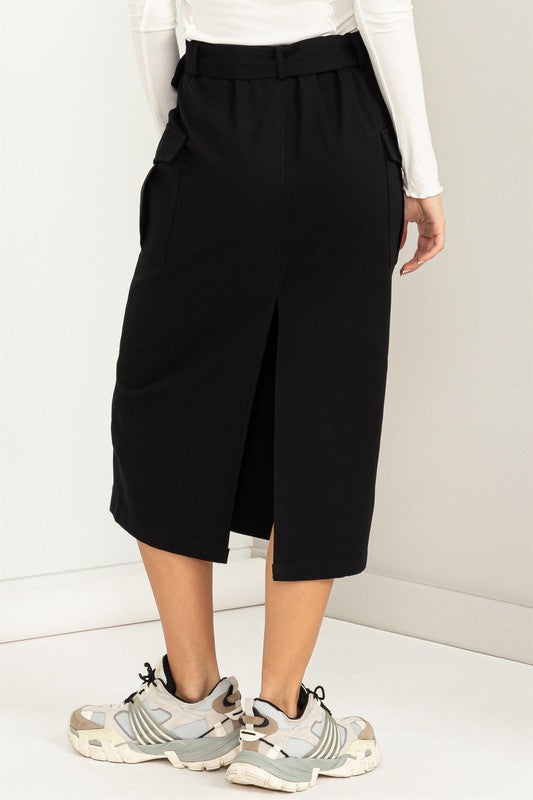 black cargo skirt with belt, midi length