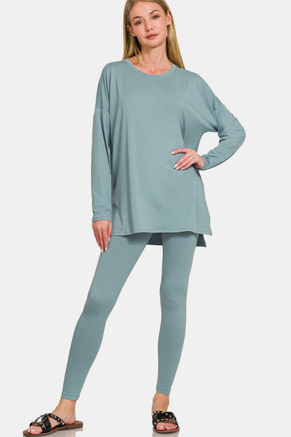 Brushed Microfiber Top and Leggings Lounge Set in Blue Grey