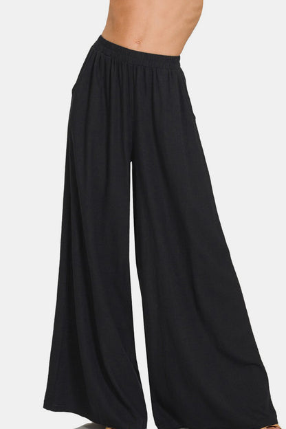 Pleated Linen Blend Wide Leg Pants - Black