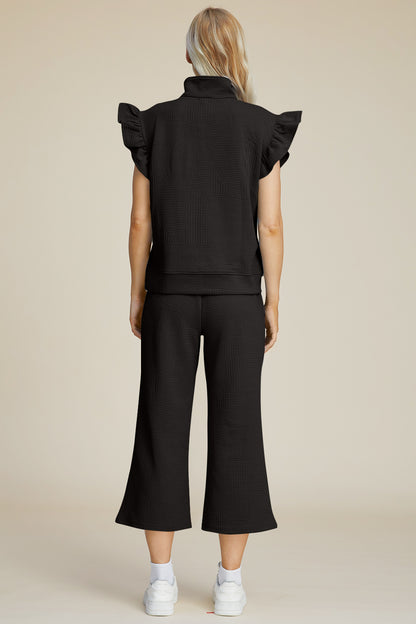 Texture Ruffle Short Sleeve Top and Wide Leg Pants Set