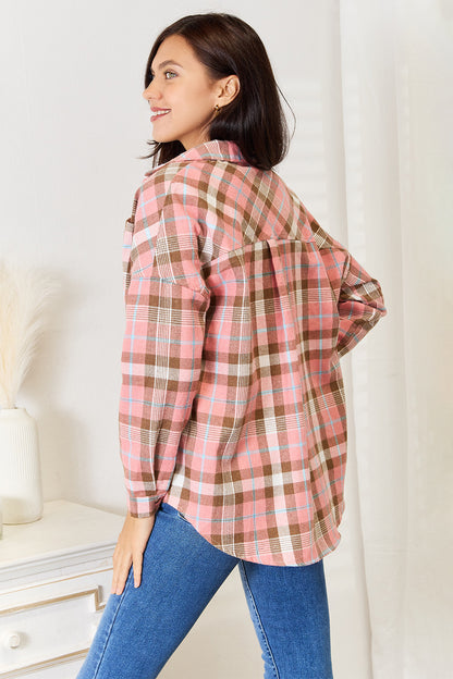 Plaid Collared Neck Long Sleeve Button-Up Shirt - Watermelon Pink