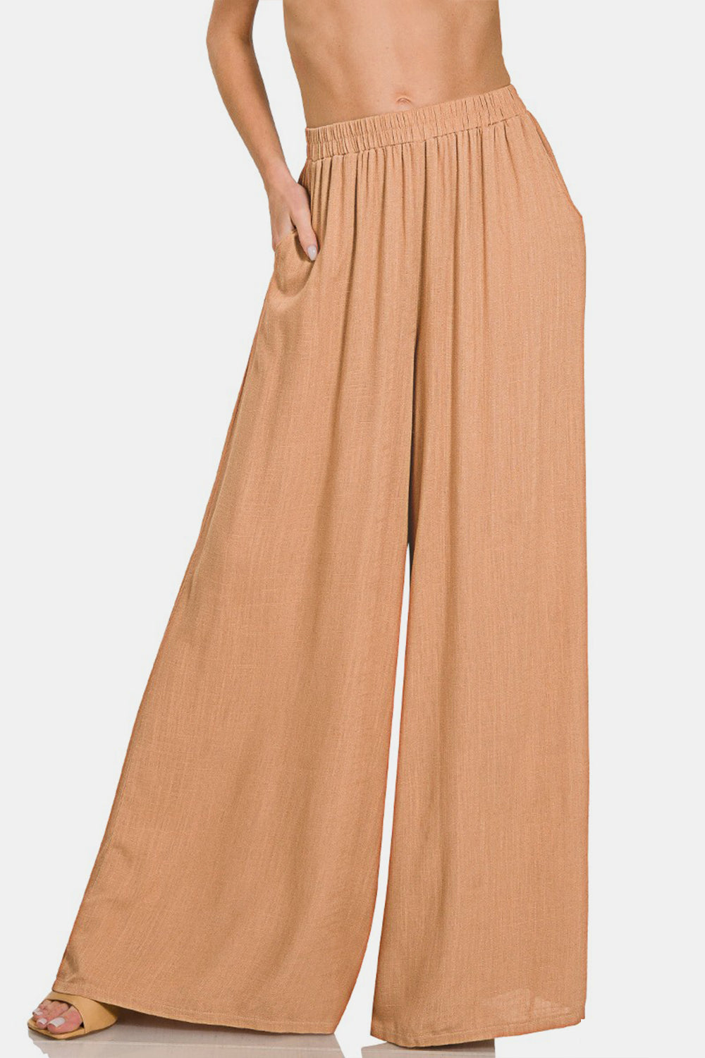 Pleated Linen Blend Wide Leg Pants - Camel