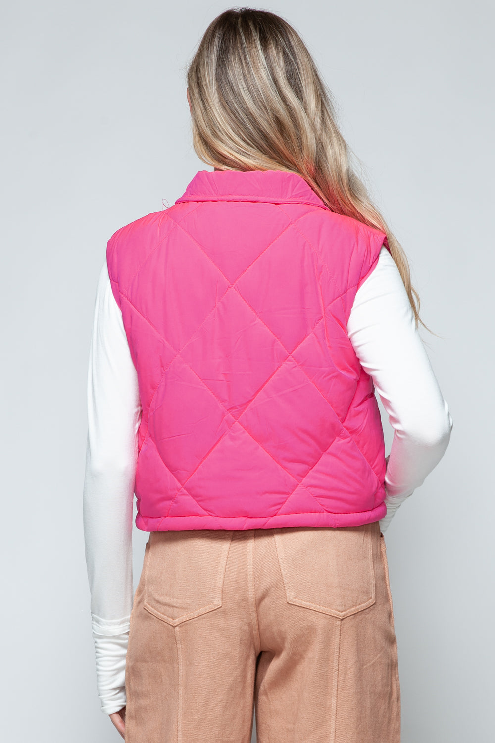 Snap Down Quilted Crop Vest in Hot Pink