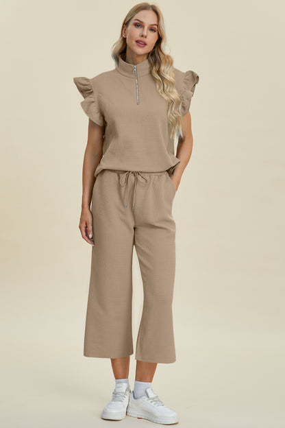 Texture Ruffle Short Sleeve Top and Wide Leg Pants Set