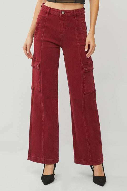 Wine High Rise Wide Leg Cargo Jeans by RISEN