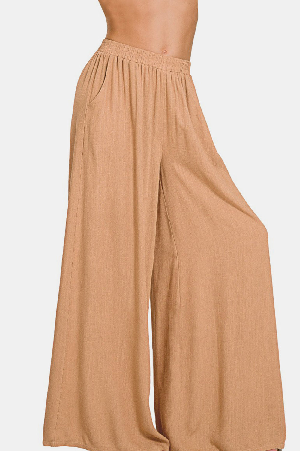 Pleated Linen Blend Wide Leg Pants - Camel