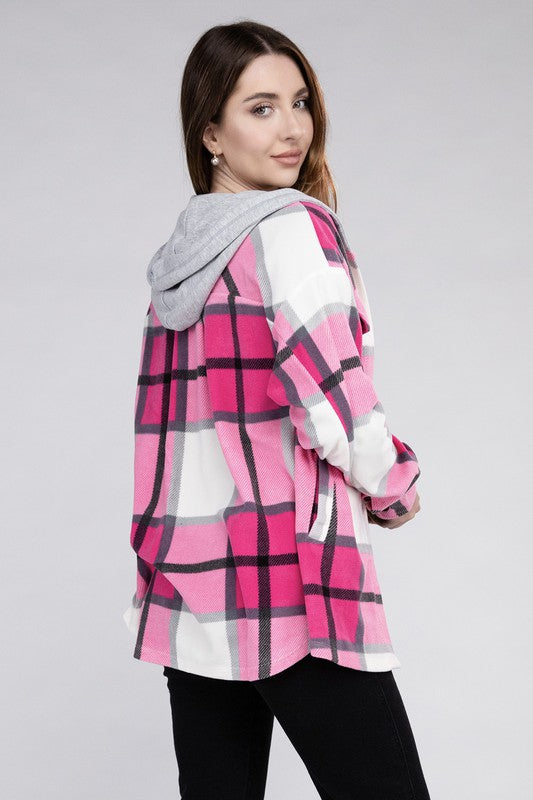 Plaid Loose Hooded Fleece Shacket