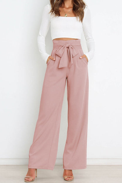 blush pink pocketed high waist tie front pants