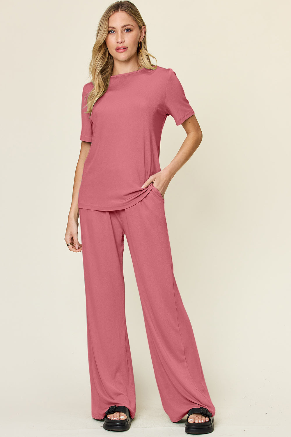 Round Neck Short Sleeve T-Shirt and Wide Leg Pants Set