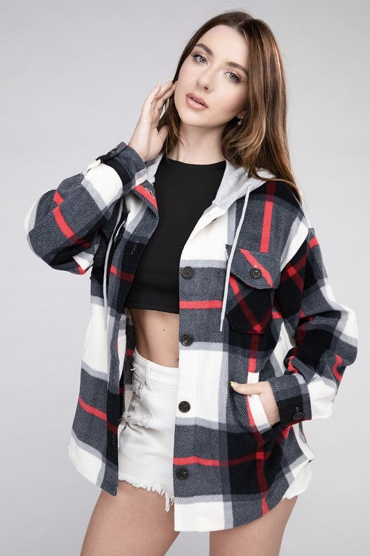 Plaid Loose Hooded Fleece Shacket