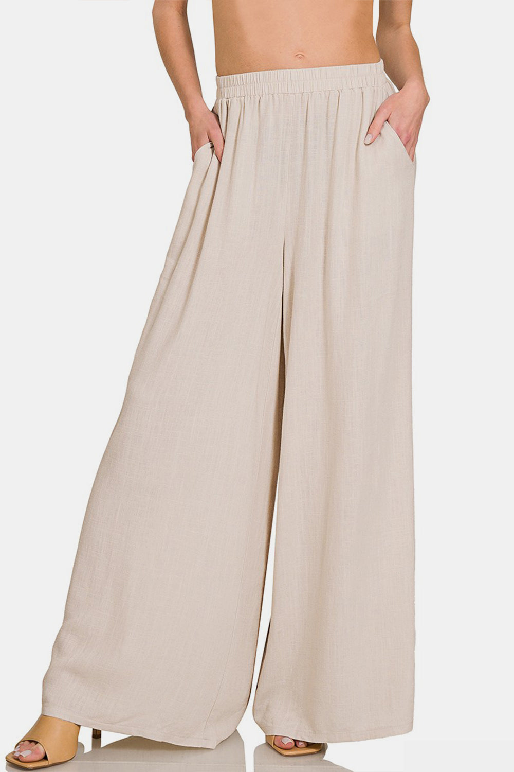 Pleated Linen Blend Wide Leg Pants - Beige