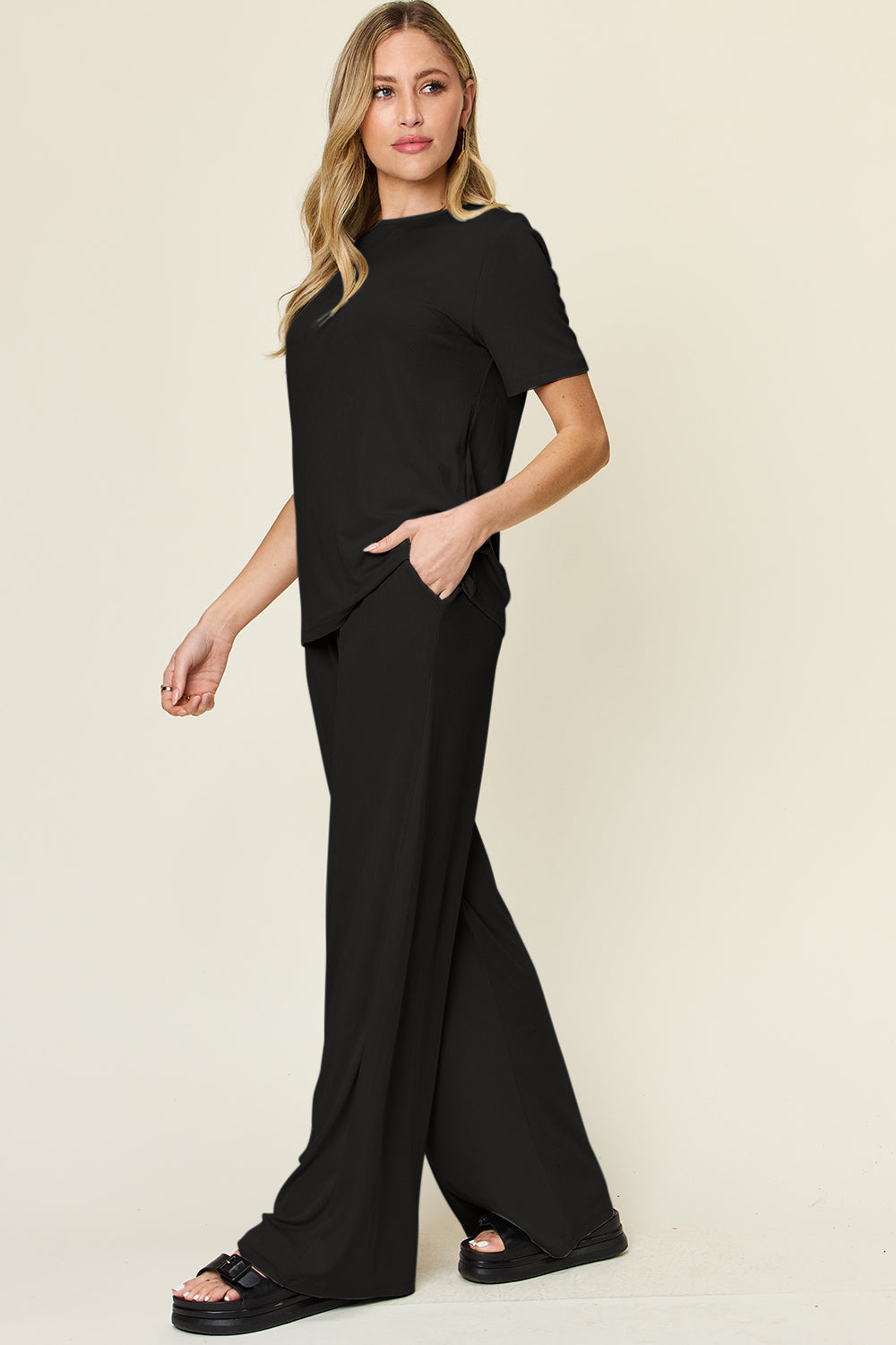 Round Neck Short Sleeve T-Shirt and Wide Leg Pants Set