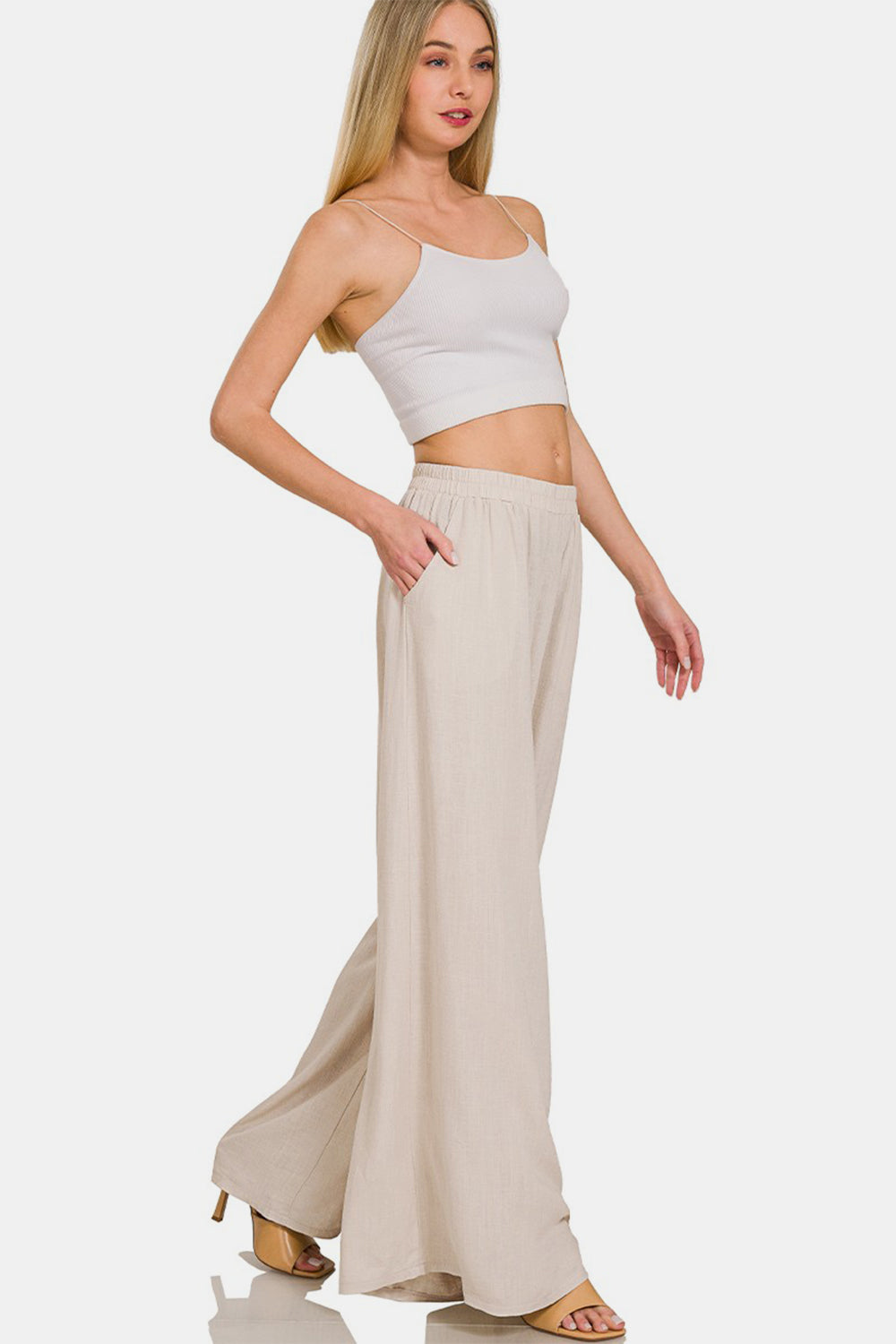 Pleated Linen Blend Wide Leg Pants - Beige