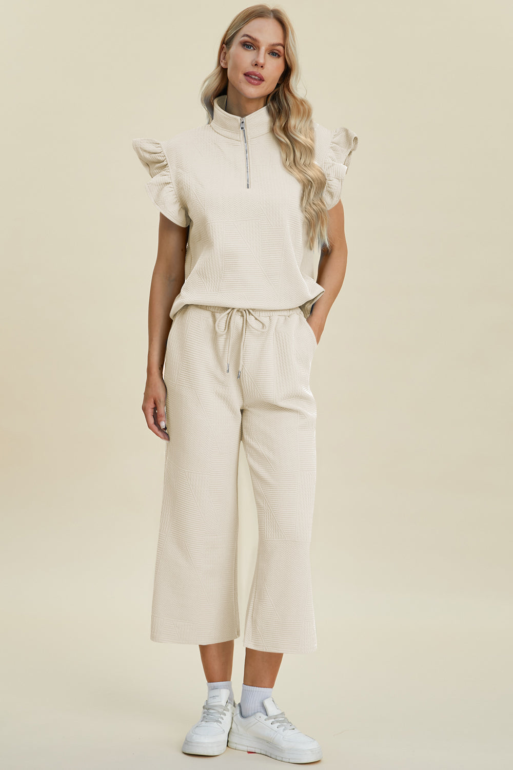 Texture Ruffle Short Sleeve Top and Wide Leg Pants Set