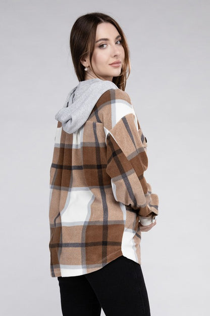 Plaid Loose Hooded Fleece Shacket