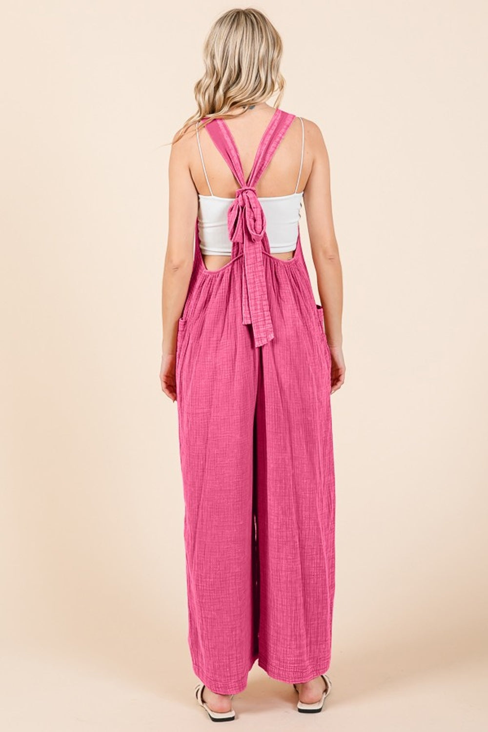 Pink Pocketed Sleeveless Wide Leg Overalls