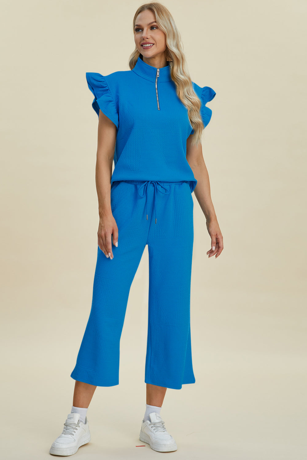 Texture Ruffle Short Sleeve Top and Wide Leg Pants Set